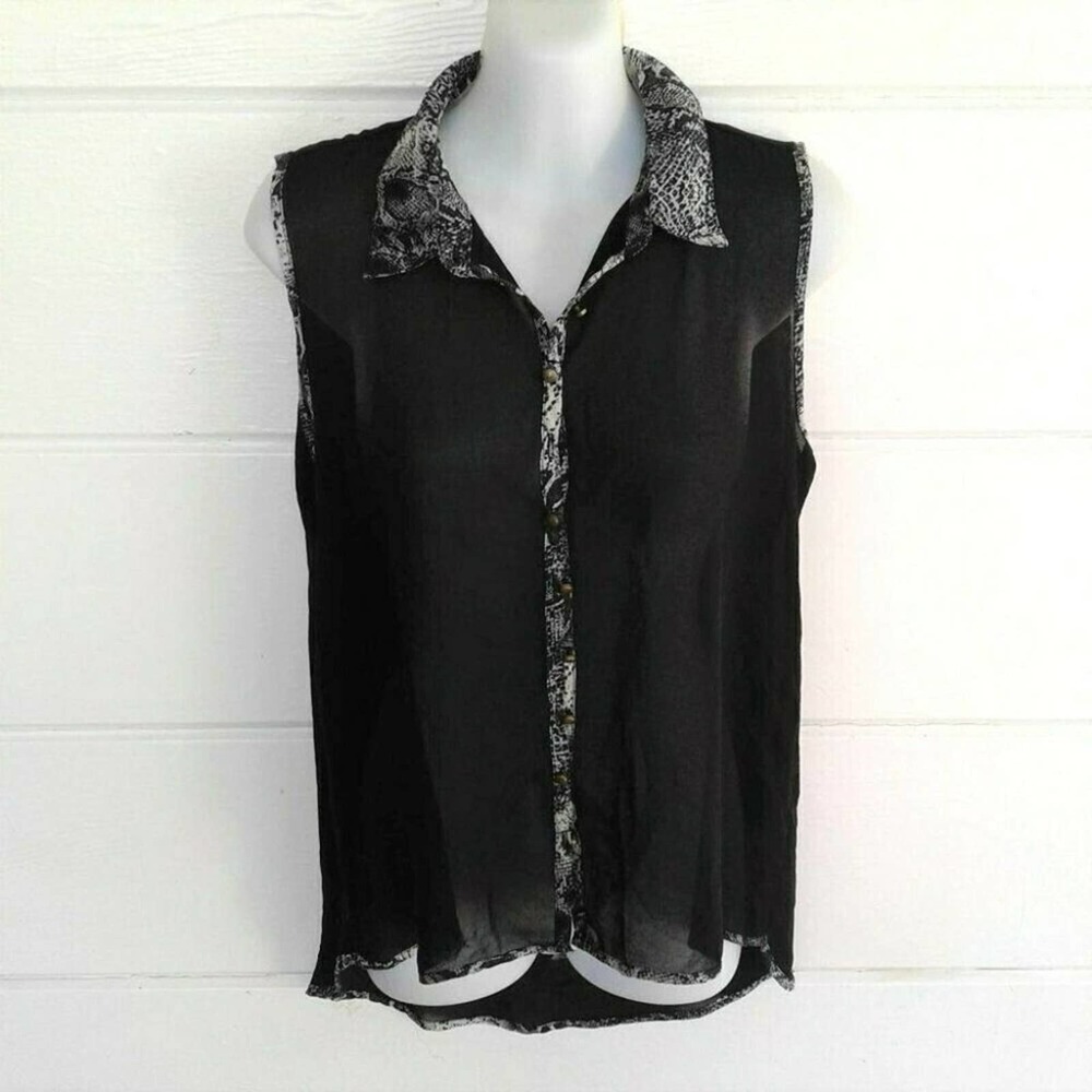 Mine Black Sheer Top Sleeveless Button Front Blouse Casual Lightweight Medium M
